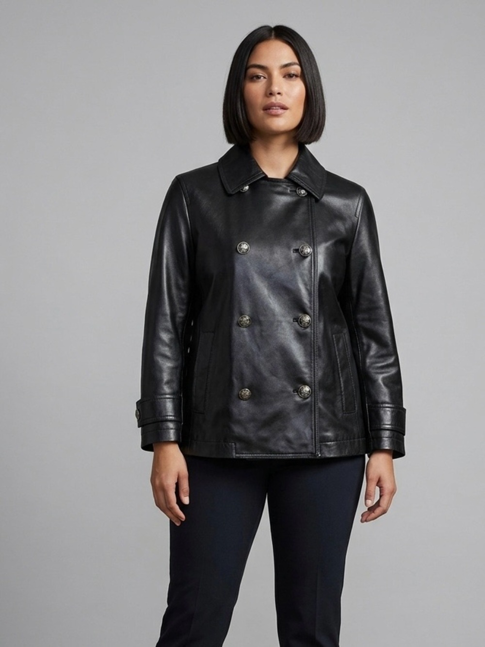 NWT‎ Lauren Ralph Lauren Black Double Breasted Faux Leather Pea Coat Women's S